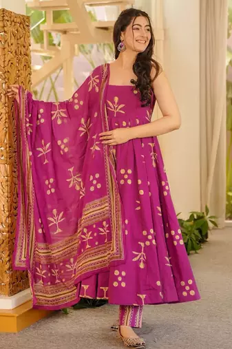 Pink floral printed silk blend anarkali suit for women