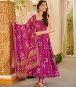 Pink floral printed silk blend anarkali suit for women