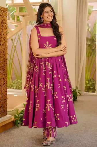Pink floral printed silk blend anarkali suit for women