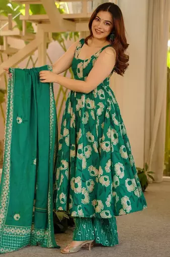 Green floral printed silk blend anarkali suit for women