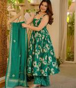 Green floral printed silk blend anarkali suit for women