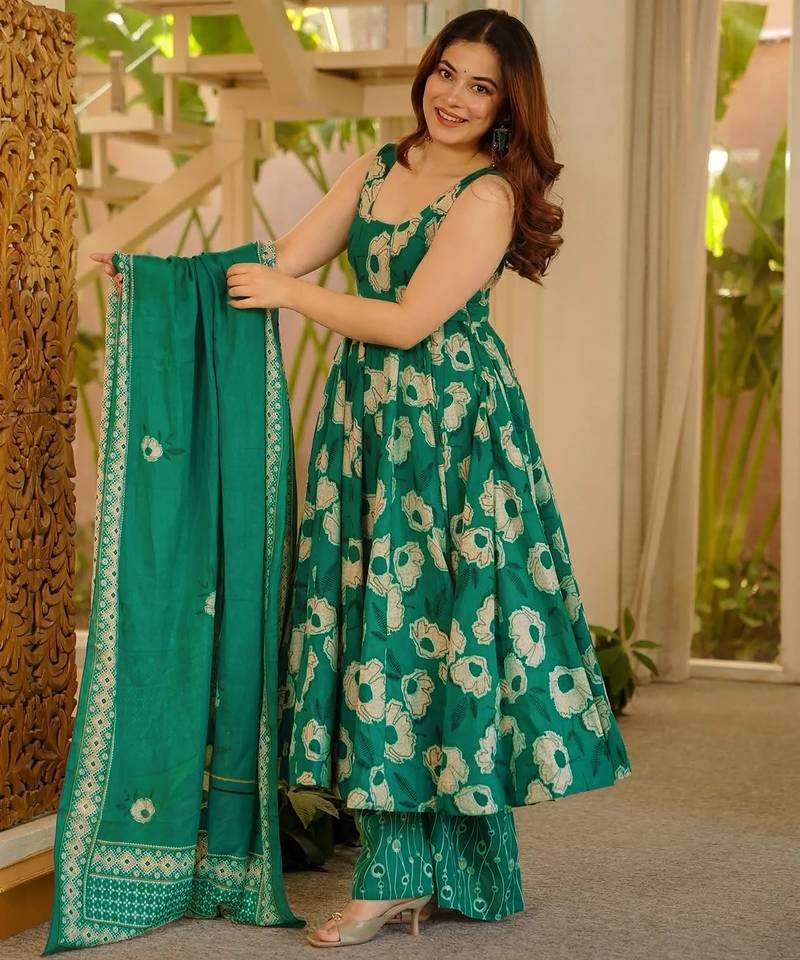 Green floral printed silk blend anarkali suit for women
