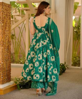 Green floral printed silk blend anarkali suit for women 2