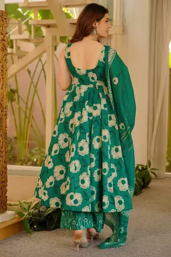Green floral printed silk blend anarkali suit for women