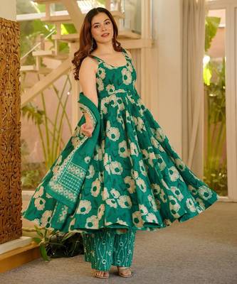Green floral printed silk blend anarkali suit for women 3
