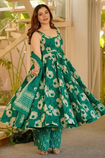 Green floral printed silk blend anarkali suit for women