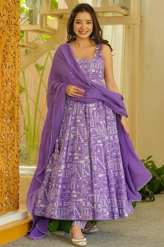 Lavender floral printed silk blend anarkali suit for women