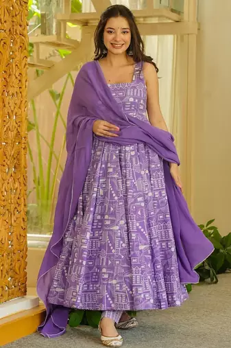 Lavender floral printed silk blend anarkali suit for women