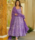 Lavender floral printed silk blend anarkali suit for women