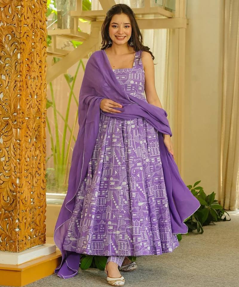 Lavender floral printed silk blend anarkali suit for women