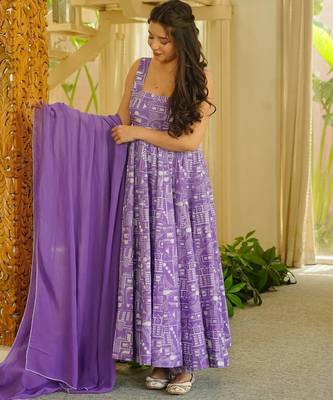 Lavender floral printed silk blend anarkali suit for women 3