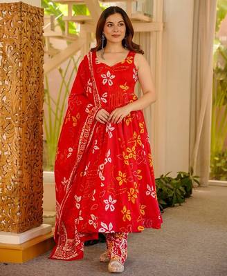 Orange floral printed silk blend anarkali suit for women 1