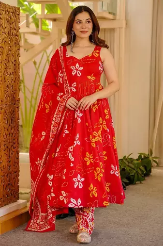 Orange floral printed silk blend anarkali suit for women