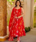 Orange floral printed silk blend anarkali suit for women