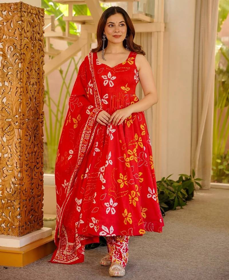 Orange floral printed silk blend anarkali suit for women