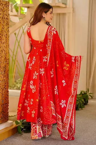 Orange floral printed silk blend anarkali suit for women