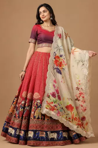 Kalamkari Print Satin  Lehenga Choli & Unstitched Blouse With Embroadery Work Dupatta
