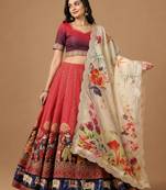 Kalamkari Print Satin  Lehenga Choli & Unstitched Blouse With Embroadery Work Dupatta