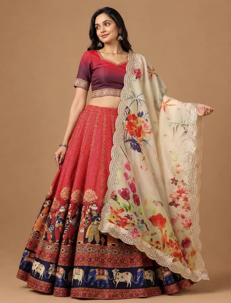 Kalamkari Print Satin  Lehenga Choli & Unstitched Blouse With Embroadery Work Dupatta