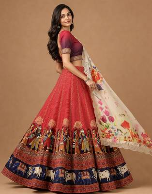 Kalamkari Print Satin  Lehenga Choli & Unstitched Blouse With Embroadery Work Dupatta 2