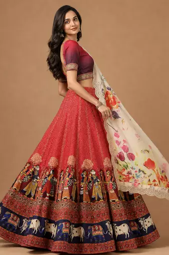 Kalamkari Print Satin  Lehenga Choli & Unstitched Blouse With Embroadery Work Dupatta