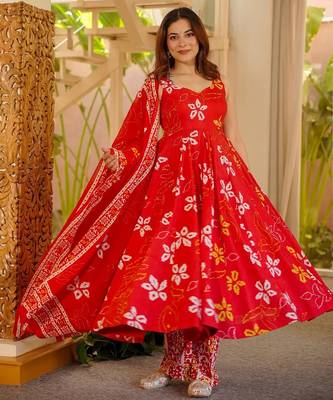 Orange floral printed silk blend anarkali suit for women 3