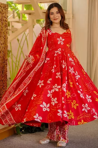 Orange floral printed silk blend anarkali suit for women