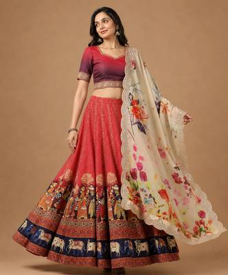 Kalamkari Print Satin  Lehenga Choli & Unstitched Blouse With Embroadery Work Dupatta 3