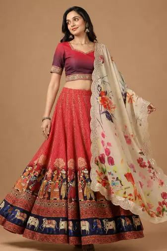 Kalamkari Print Satin  Lehenga Choli & Unstitched Blouse With Embroadery Work Dupatta