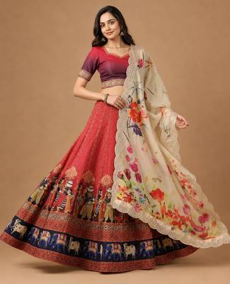 Kalamkari Print Satin  Lehenga Choli & Unstitched Blouse With Embroadery Work Dupatta 4