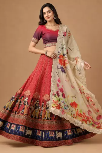 Kalamkari Print Satin  Lehenga Choli & Unstitched Blouse With Embroadery Work Dupatta