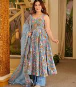 Multi color floral printed silk blend anarkali suit for women