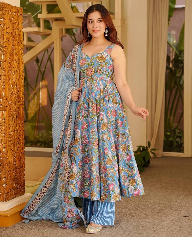 Multi color floral printed silk blend anarkali suit for women