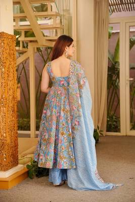 Multi color floral printed silk blend anarkali suit for women 2
