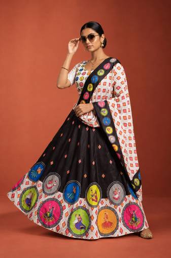 Navratri Garba Special Satin Silk Printed Lehenga Choli for Women with Matching Blouse and Dupatta Set