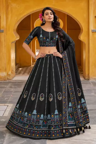 Navratri Garba Special Satin Silk Printed Lehenga Choli for Women with Matching Blouse and Dupatta Set