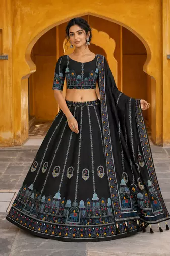 Navratri Garba Special Satin Silk Printed Lehenga Choli for Women with Matching Blouse and Dupatta Set