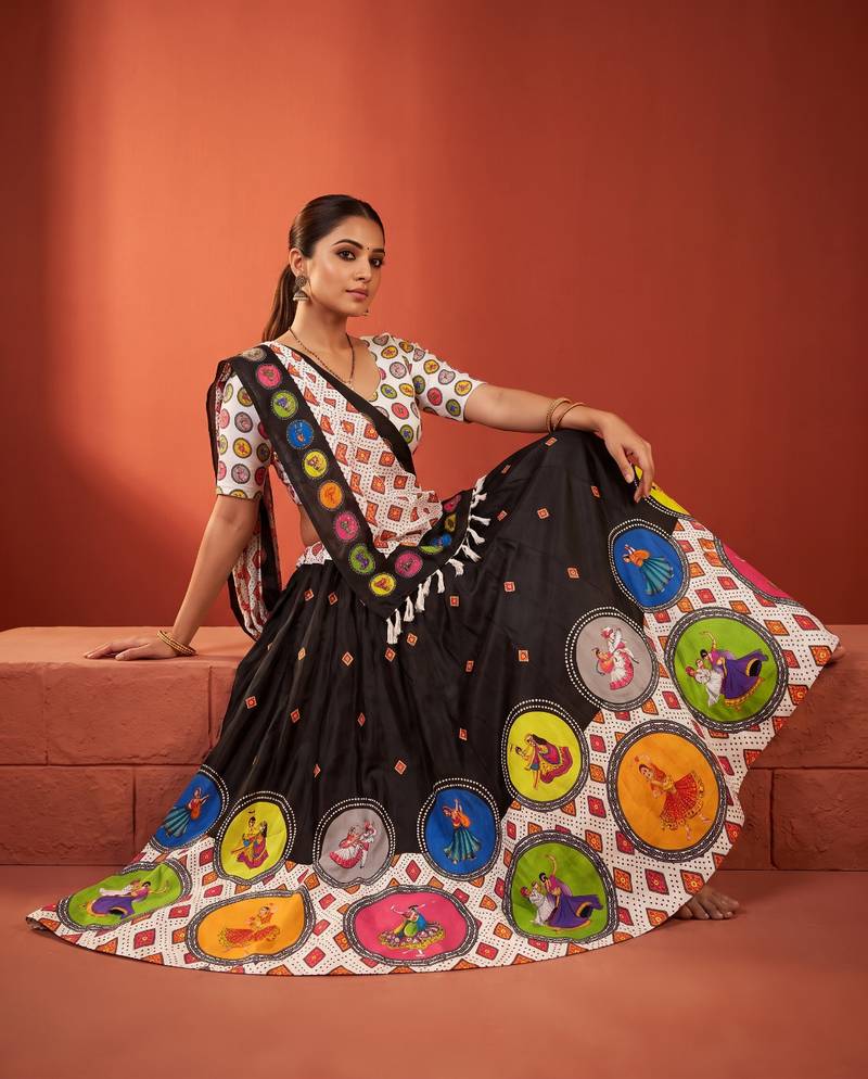 Navratri Garba Special Satin Silk Printed Lehenga Choli for Women with Matching Blouse and Dupatta Set