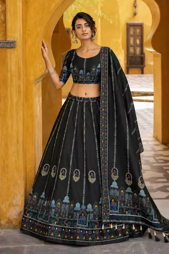 Navratri Garba Special Satin Silk Printed Lehenga Choli for Women with Matching Blouse and Dupatta Set