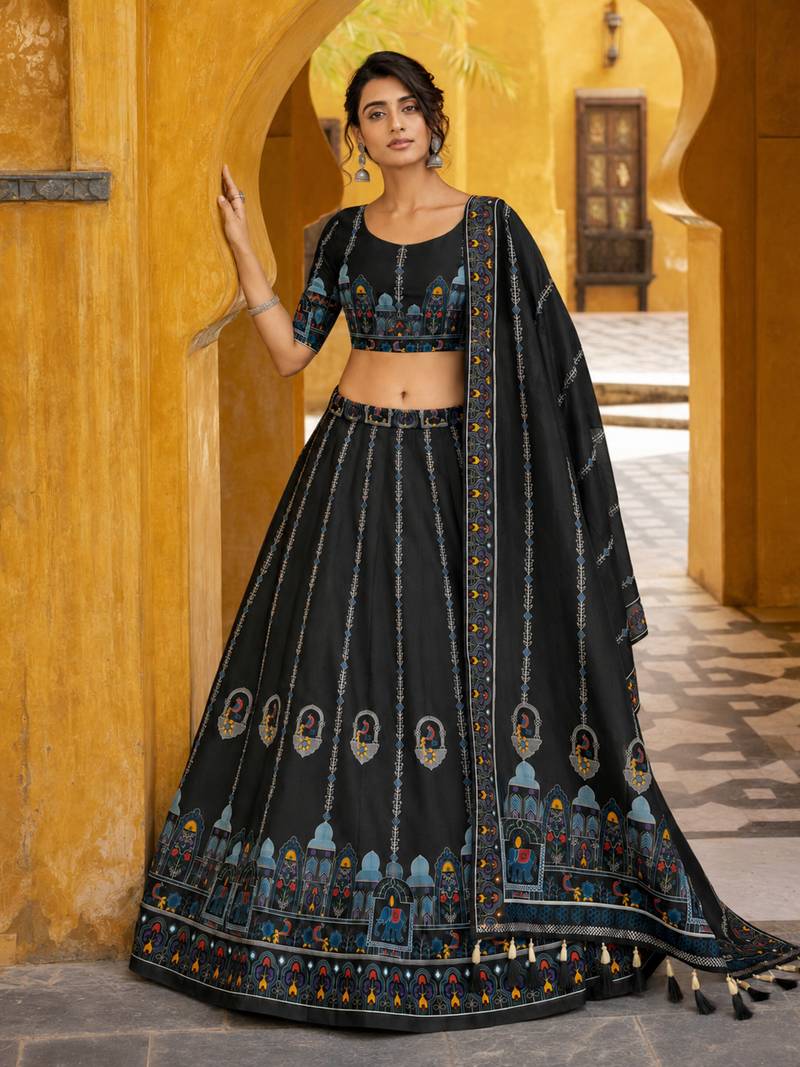 Navratri Garba Special Satin Silk Printed Lehenga Choli for Women with Matching Blouse and Dupatta Set