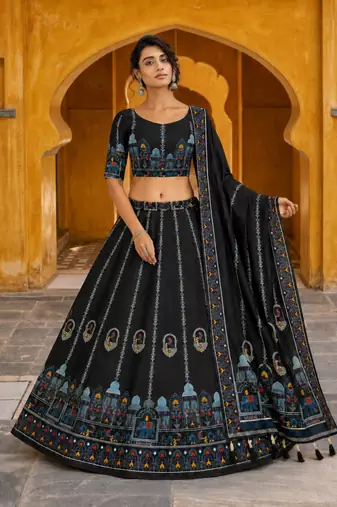 Navratri Garba Special Satin Silk Printed Lehenga Choli for Women with Matching Blouse and Dupatta Set