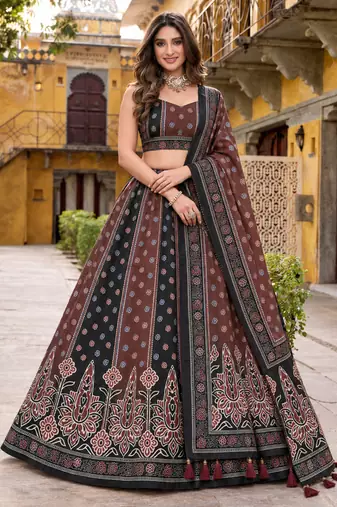Navratri Garba Special Satin Silk Printed Lehenga Choli for Women with Matching Blouse and Dupatta Set