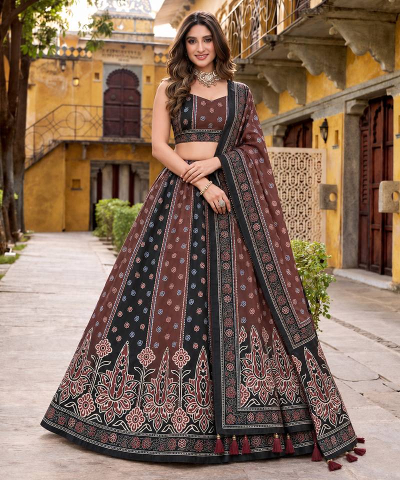 Navratri Garba Special Satin Silk Printed Lehenga Choli for Women with Matching Blouse and Dupatta Set