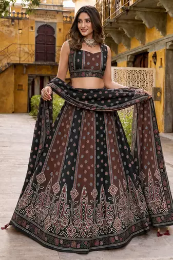 Navratri Garba Special Satin Silk Printed Lehenga Choli for Women with Matching Blouse and Dupatta Set