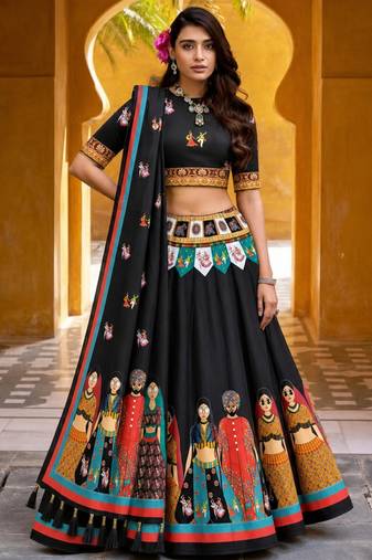 Navratri Garba Special Satin Silk Printed Lehenga Choli for Women with Matching Blouse and Dupatta Set