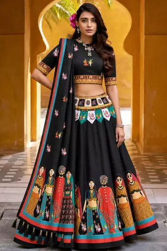 Navratri Garba Special Satin Silk Printed Lehenga Choli for Women with Matching Blouse and Dupatta Set