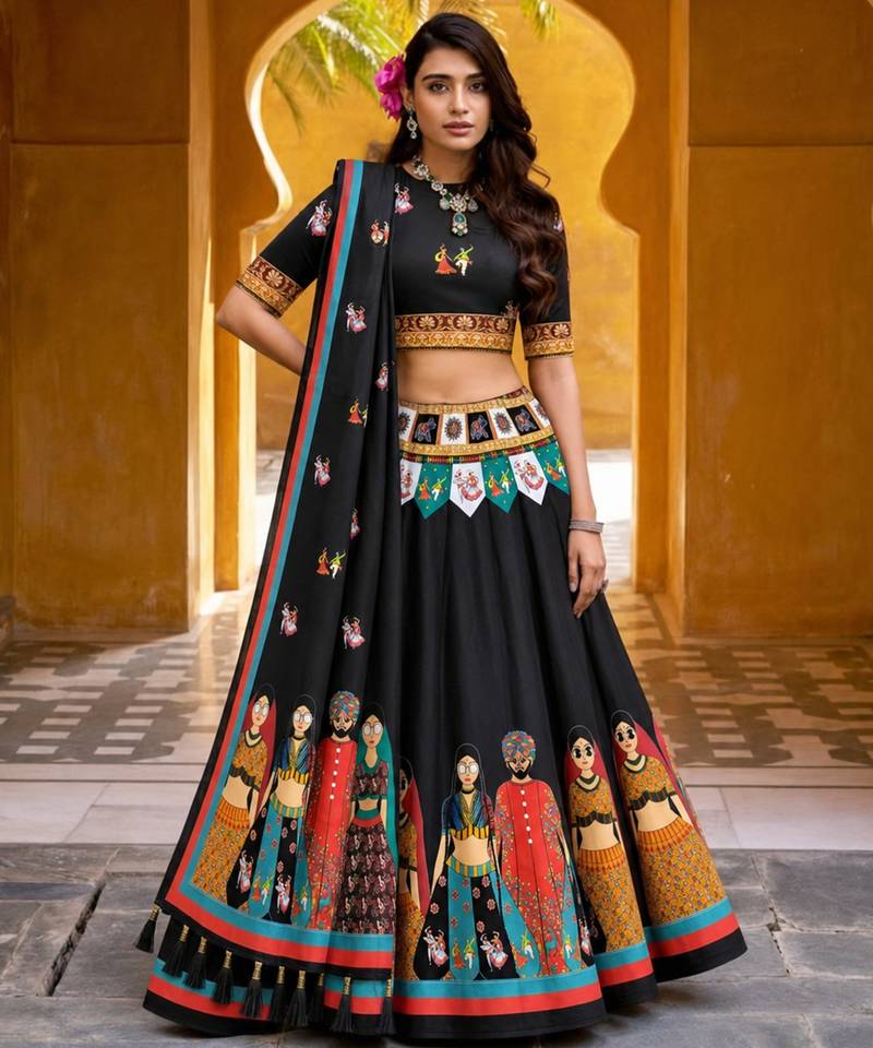 Navratri Garba Special Satin Silk Printed Lehenga Choli for Women with Matching Blouse and Dupatta Set