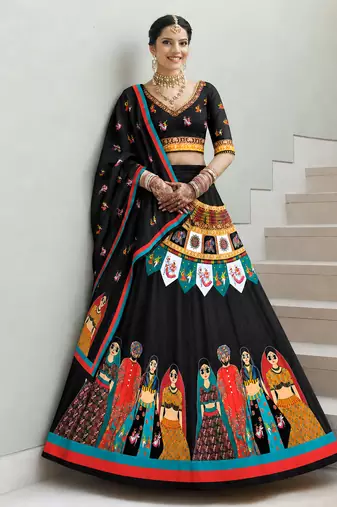 Navratri Garba Special Satin Silk Printed Lehenga Choli for Women with Matching Blouse and Dupatta Set
