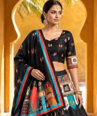 Navratri Garba Special Satin Silk Printed Lehenga Choli for Women with Matching Blouse and Dupatta Set 3