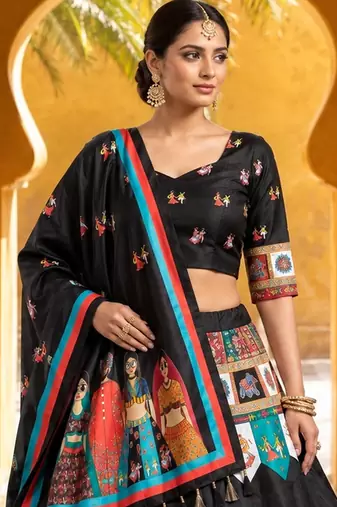 Navratri Garba Special Satin Silk Printed Lehenga Choli for Women with Matching Blouse and Dupatta Set